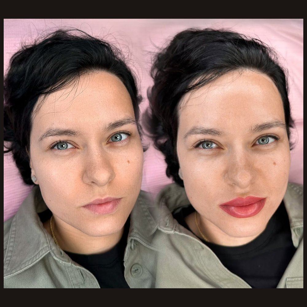 Lip permanent makeup — before and right after the procedure